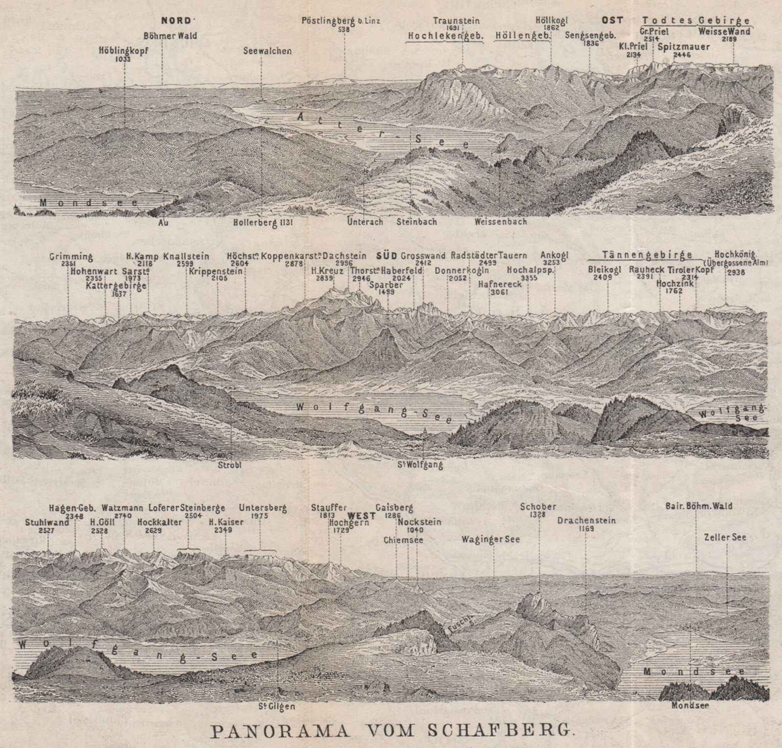 PANORAMA VOM SCHAFBERG, Salzkammergut. Austria Österreich karte 1899 old map